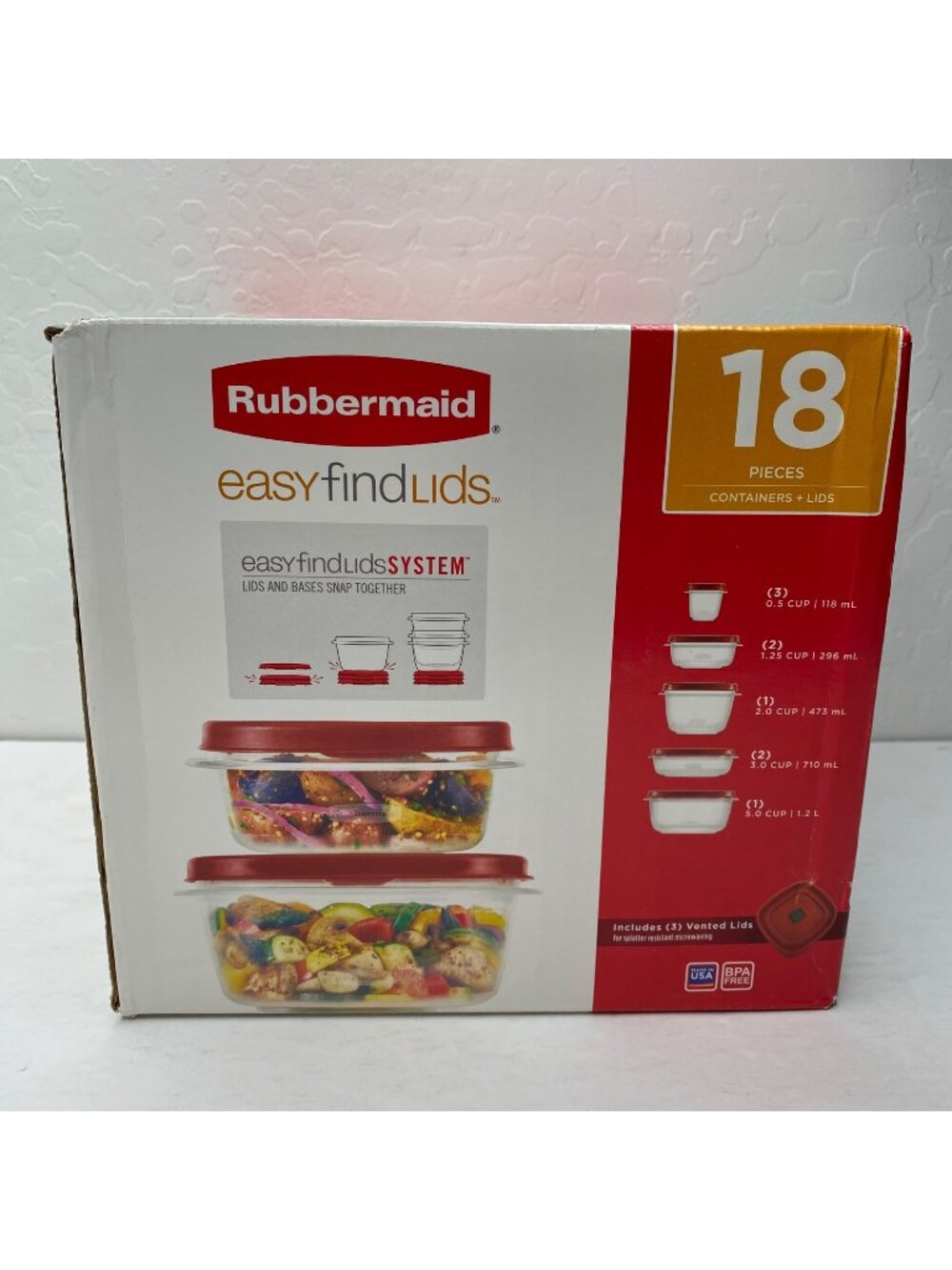 Rubbermaid 18 Piece Food Storage Container Set Vented Lids BPA Free 0.5 To 5 Cup